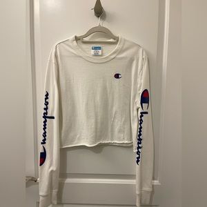 White Champion Long Sleeve Cropped Tee with Logo